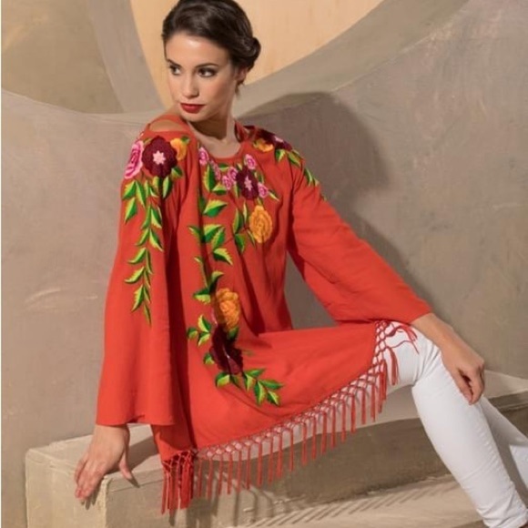 Roja Tops - Roja Orange Embroidered Cold Shoulder Tunic Top Sz-M